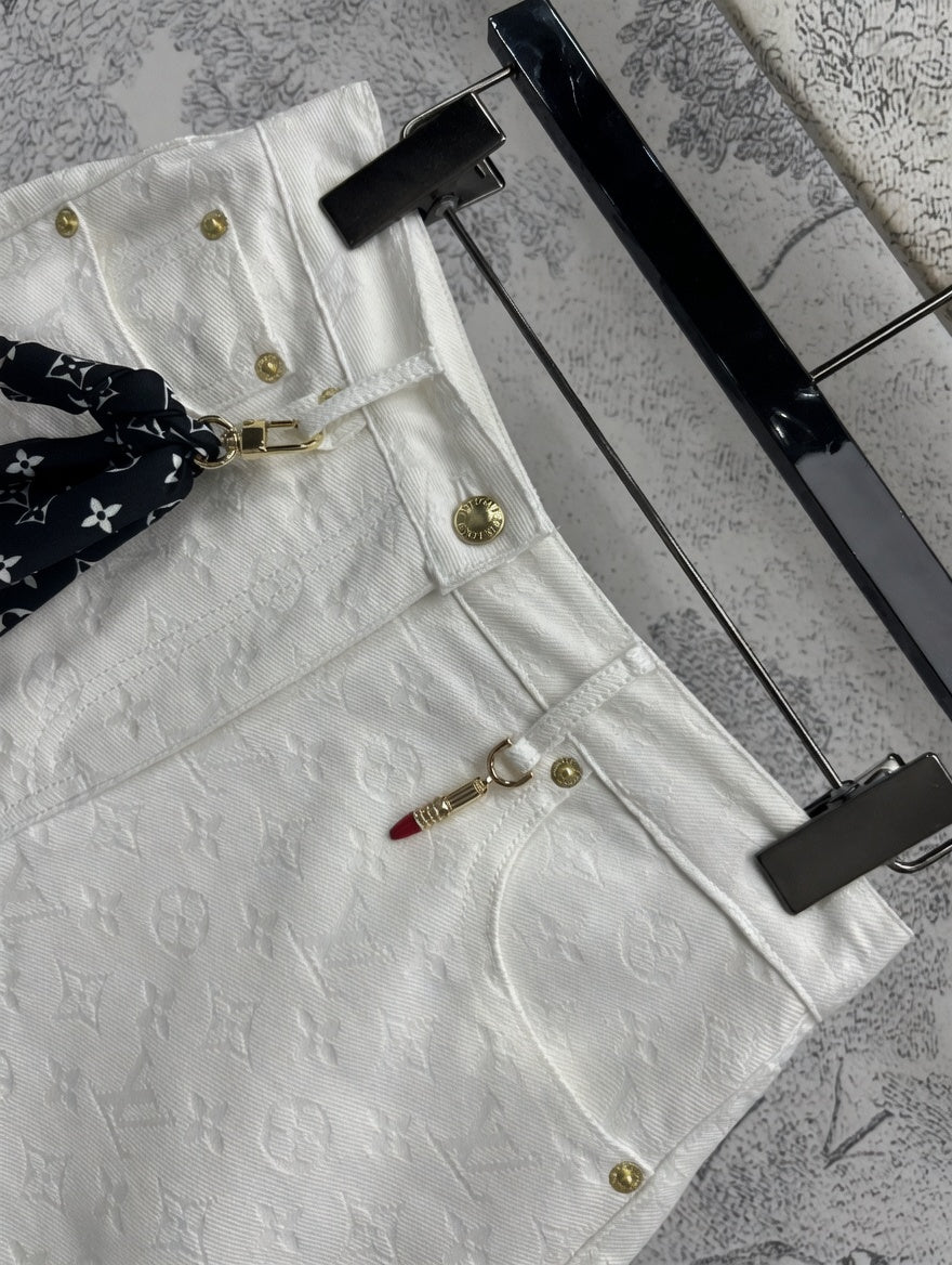 White Monogram  Denim Shorts with Scarf Belt